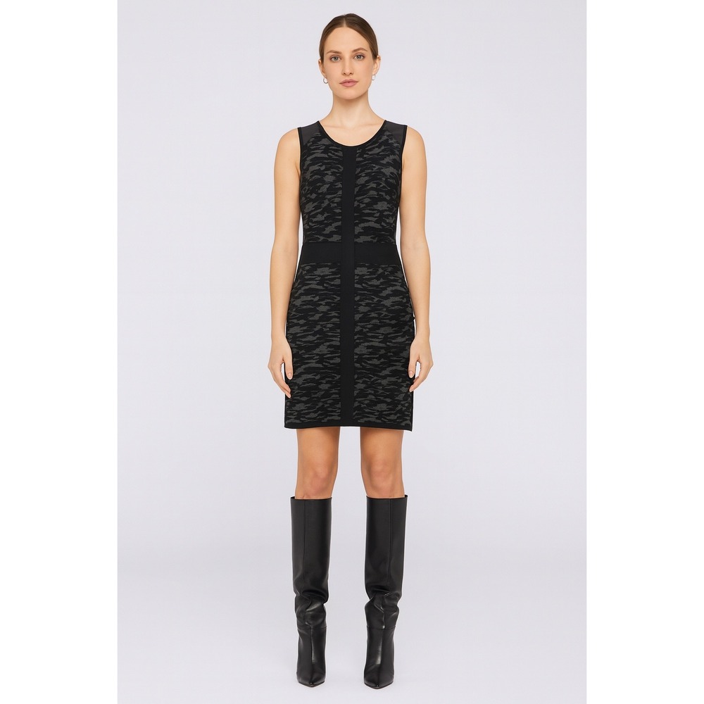 Milly Marble Jacquard Sleeveless‎ Leather Trim Sheath Dress in Black Grey Size L